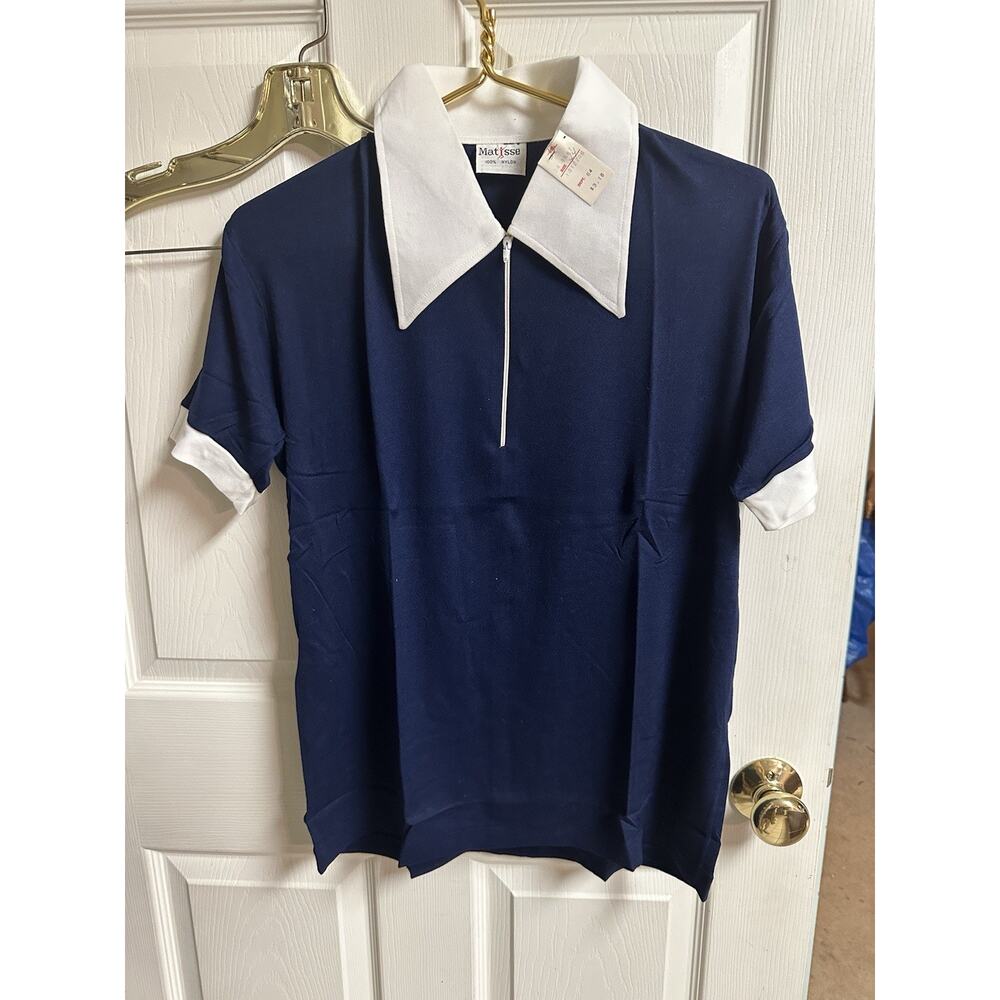 Vnt 60s 70s Matisse Nylon Dagger Collar Shirt Sz 42 Med Blue Zip Short Sleeve
